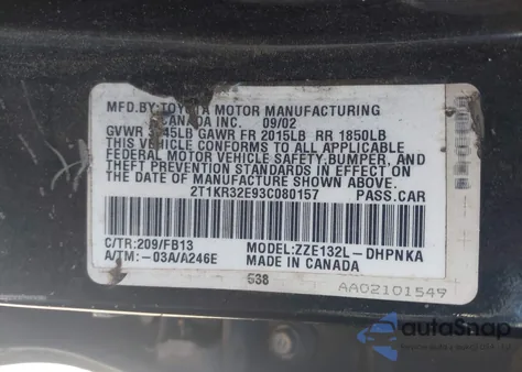 2003 Toyota Matrix Xr z USA, uszkodzony, nr VIN 2T1KR32E93C080157